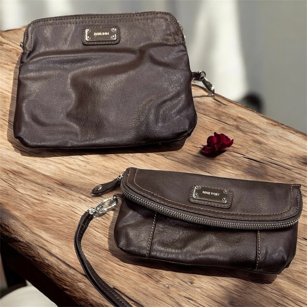 Nine West Dark Brown Leather Wristlet and Pouch set no stains or wear like new